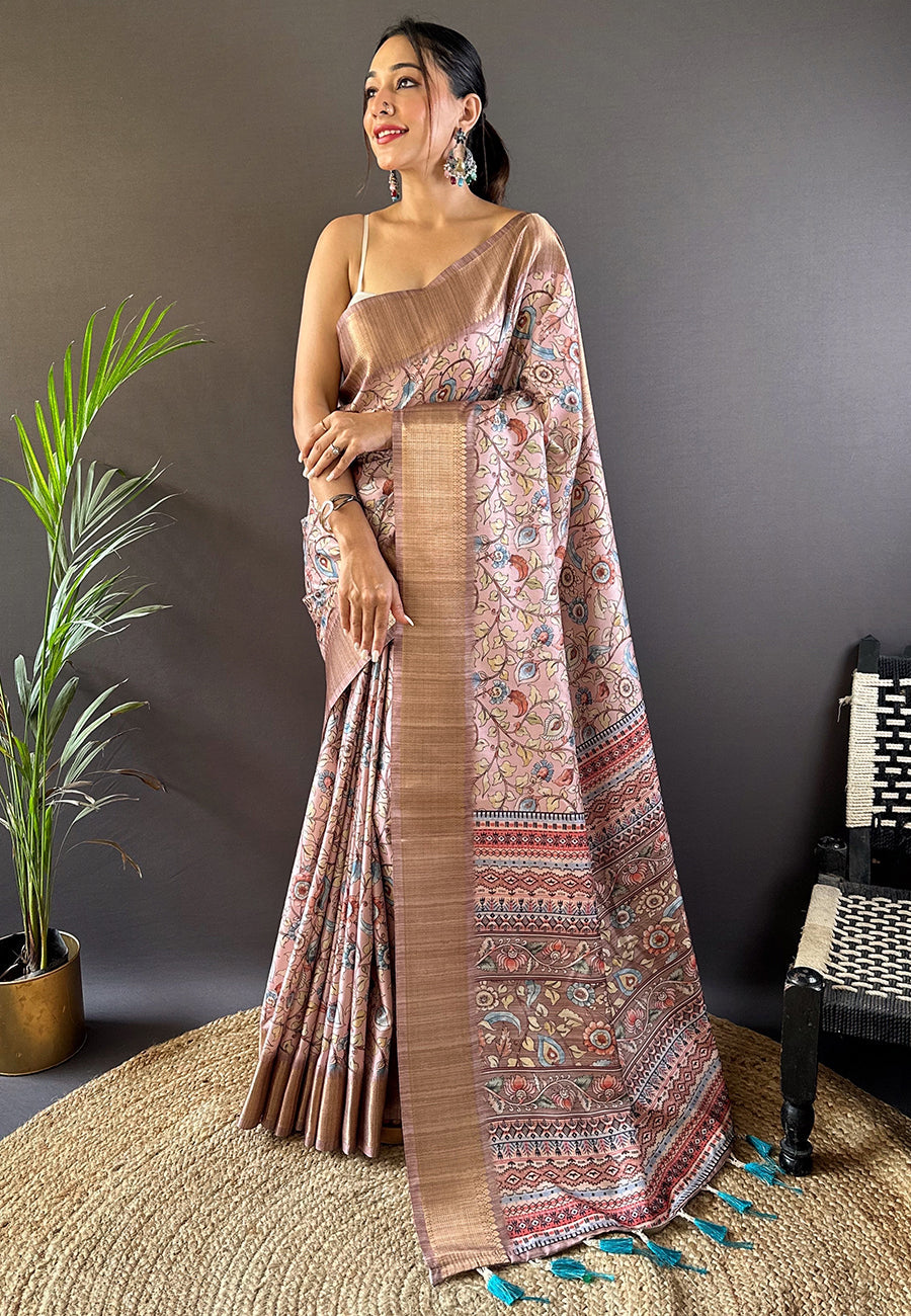 Baby pink assam silk kalamkari printed saree with zari woven border