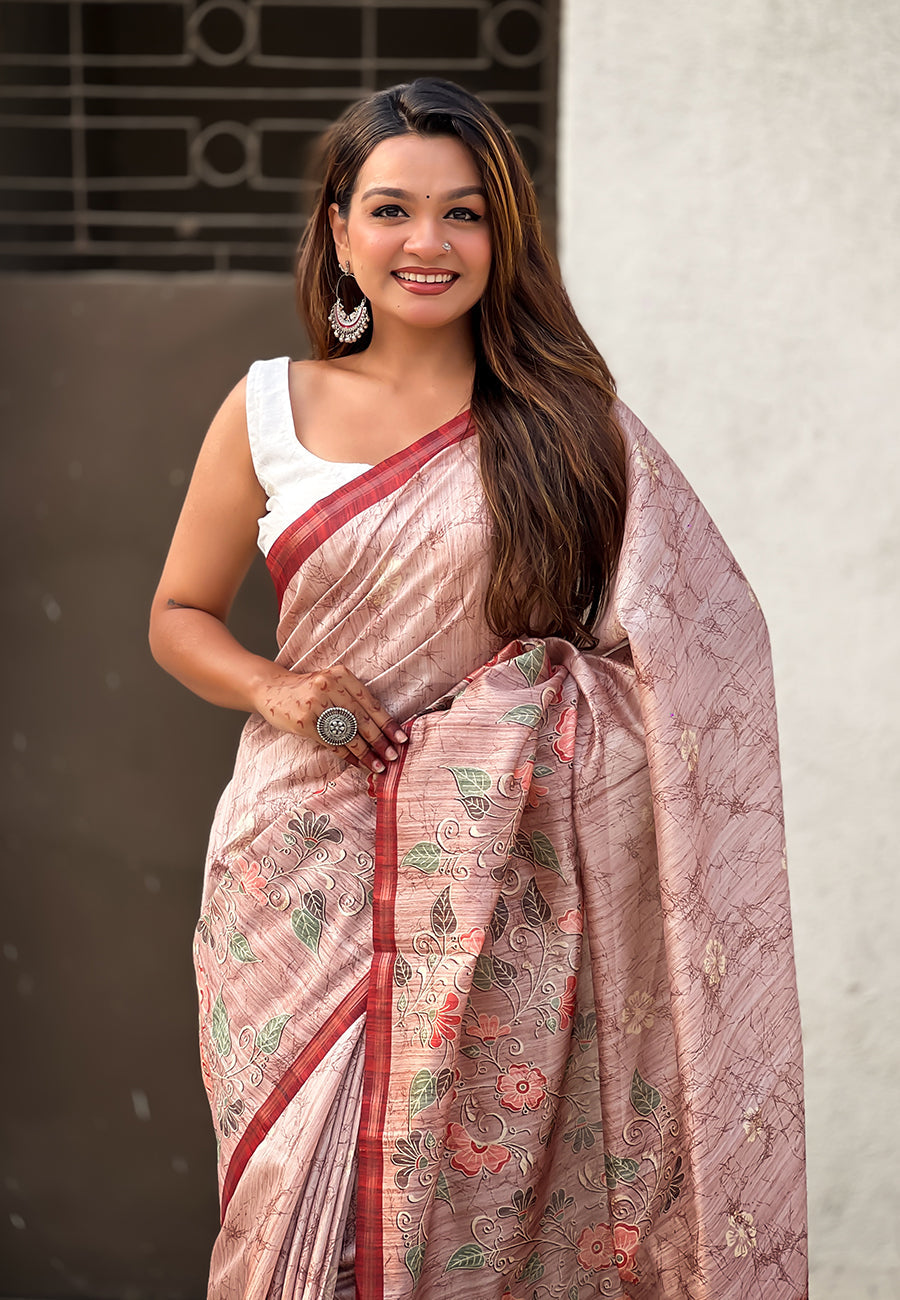 Brown katki silk floral printed saree with piping border