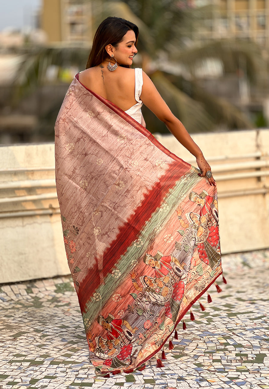 Brown katki silk floral printed saree with piping border
