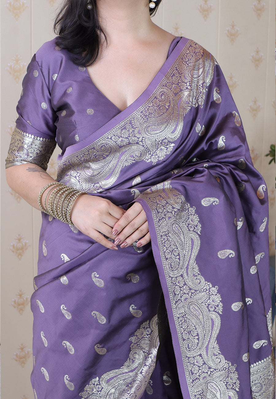 Lavender banarasi soft silk silver zari woven saree