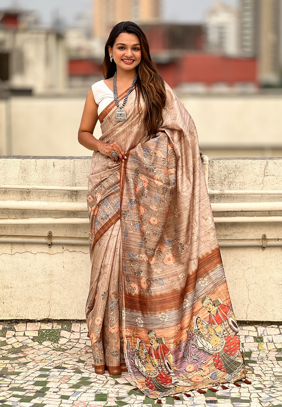 Brown katki silk floral printed saree with piping border