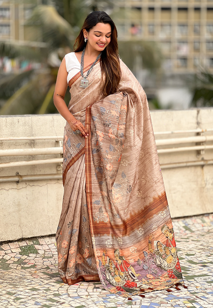 Brown katki silk floral printed saree with piping border