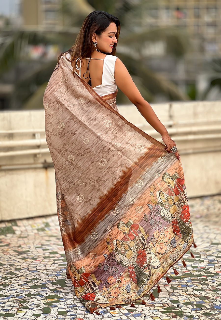 Brown katki silk floral printed saree with piping border