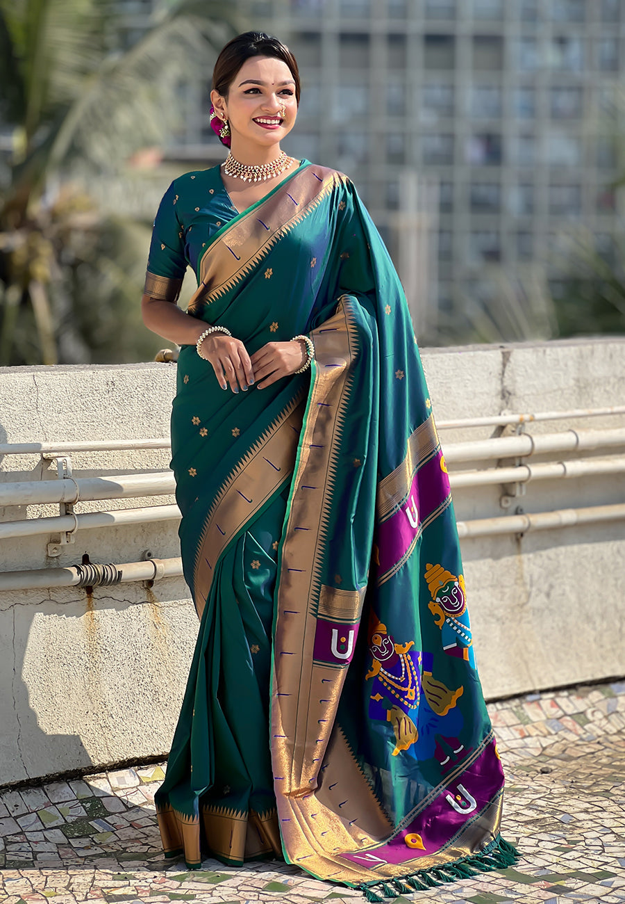 Green zari woven vitthala god special traditional paithani silk saree
