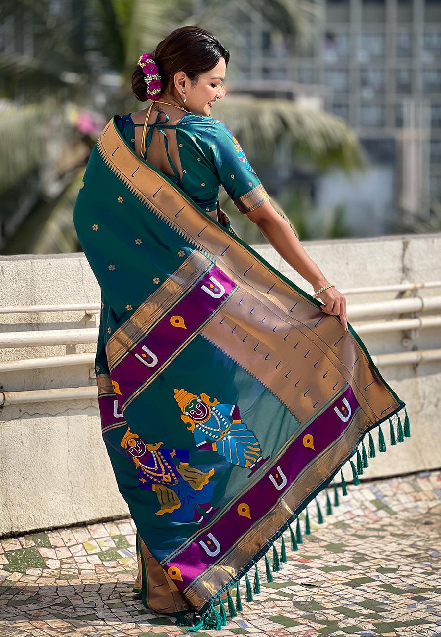 Green zari woven vitthala god special traditional paithani silk saree