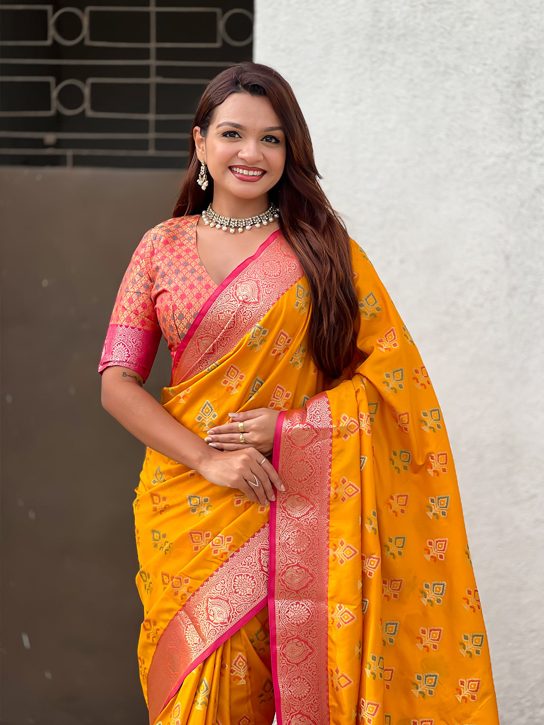 Mustard soft silk zari woven ikkat patola saree with contrast weaves