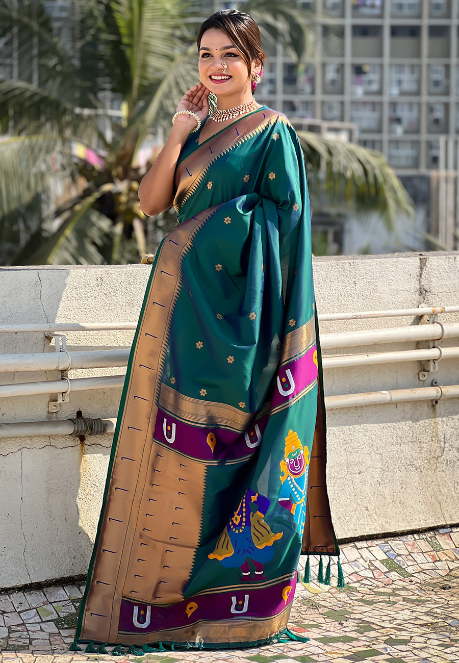 Green zari woven vitthala god special traditional paithani silk saree