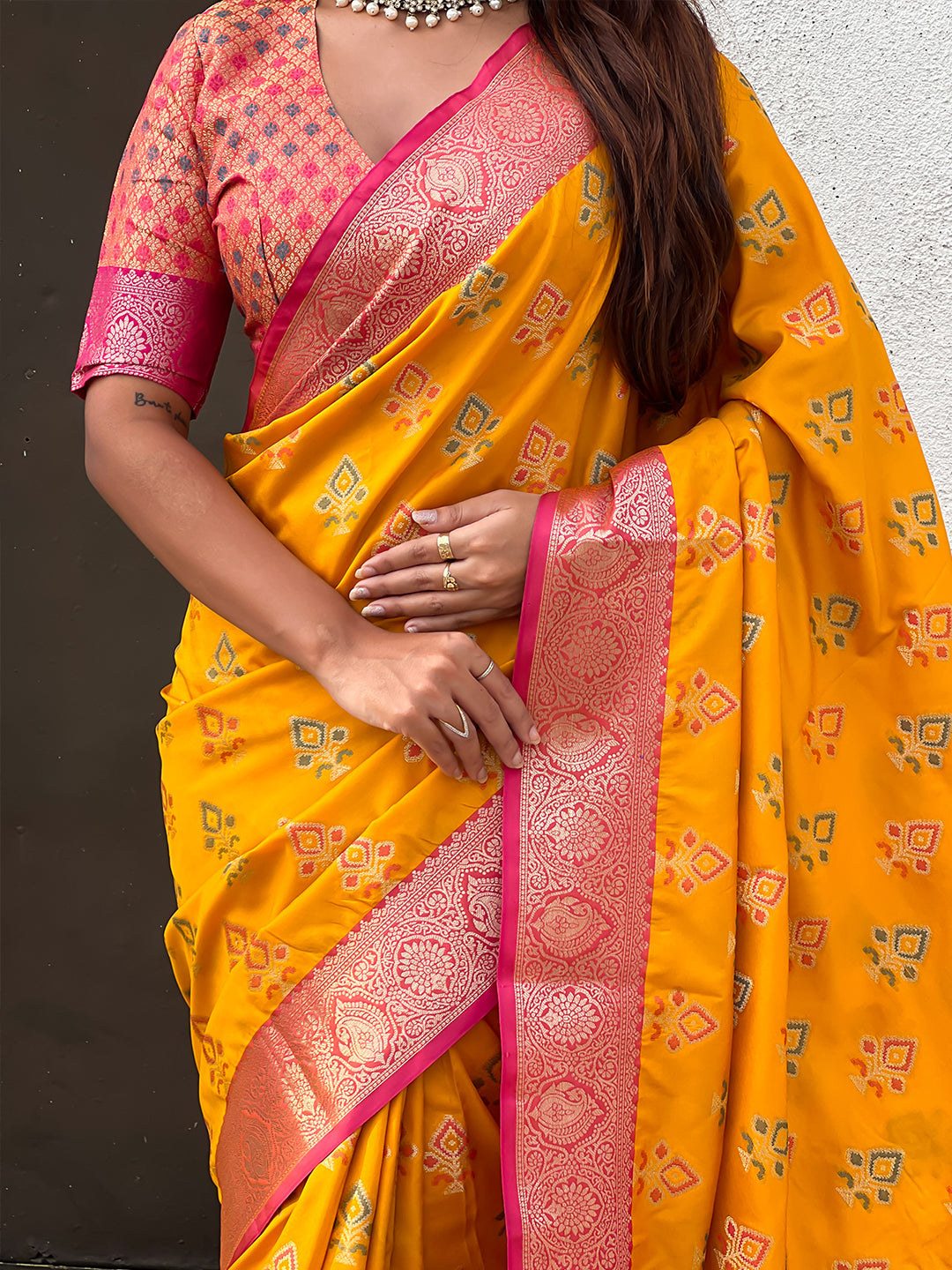 Mustard soft silk zari woven ikkat patola saree with contrast weaves