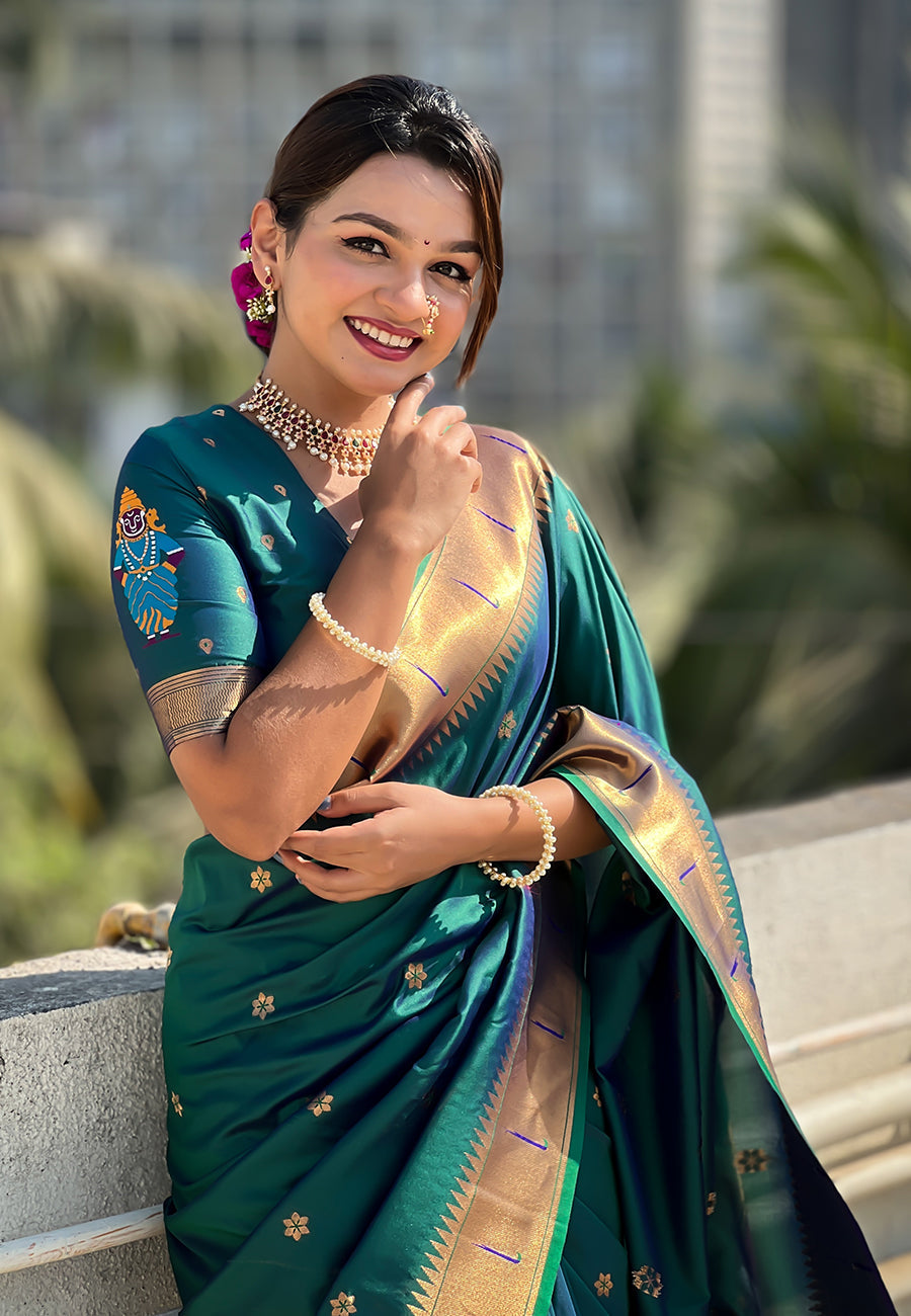 Green zari woven vitthala god special traditional paithani silk saree