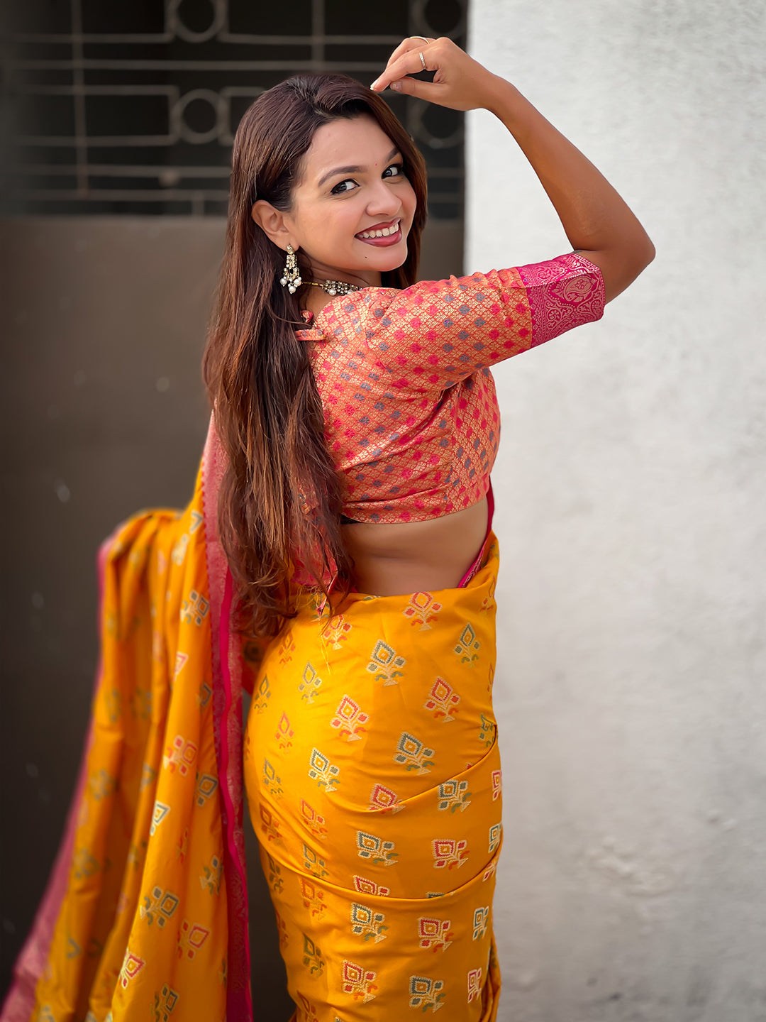Mustard soft silk zari woven ikkat patola saree with contrast weaves