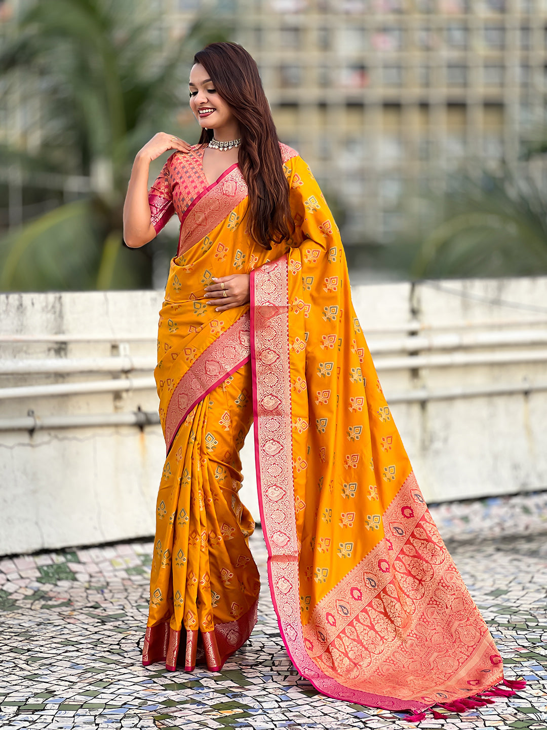 Mustard soft silk zari woven ikkat patola saree with contrast weaves