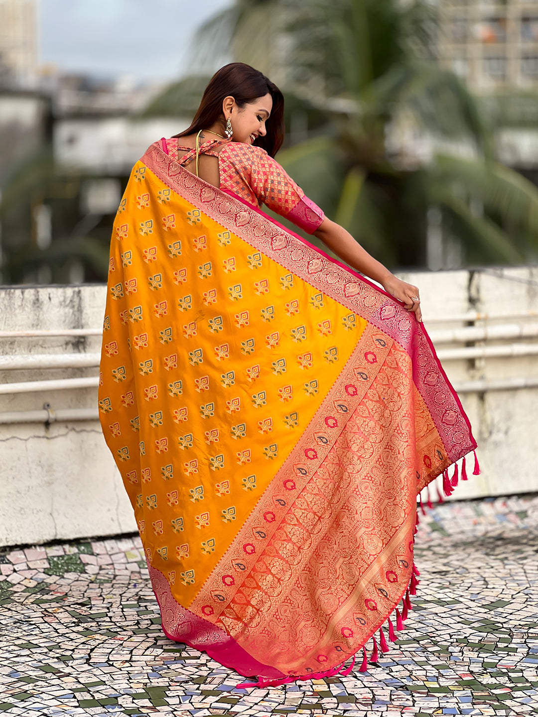 Mustard soft silk zari woven ikkat patola saree with contrast weaves