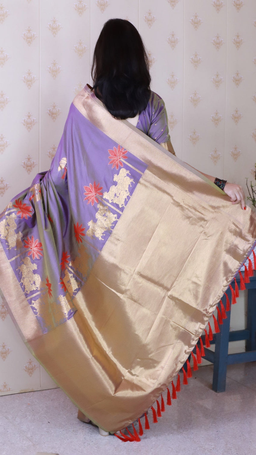 Lavender grey soft silk saree with kamdhenu weaves zari woven saree
