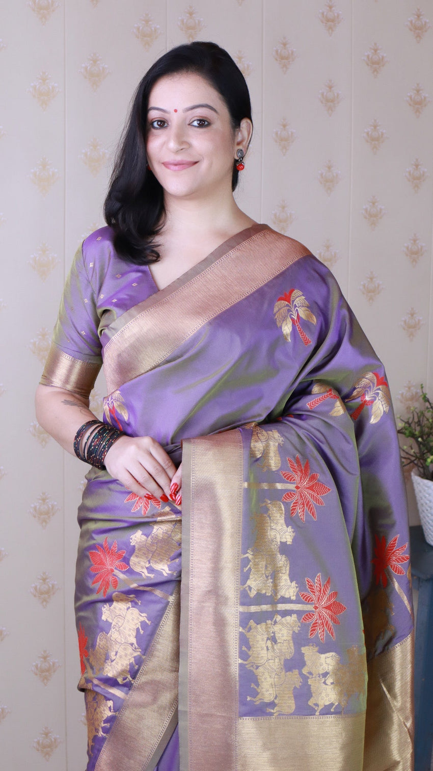 Lavender grey soft silk saree with kamdhenu weaves zari woven saree