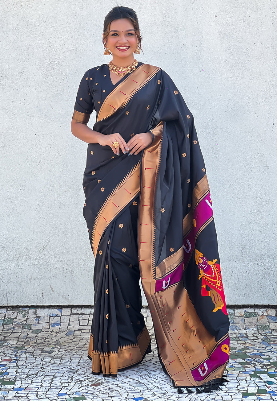 Black zari woven vitthala god special traditional paithani silk saree