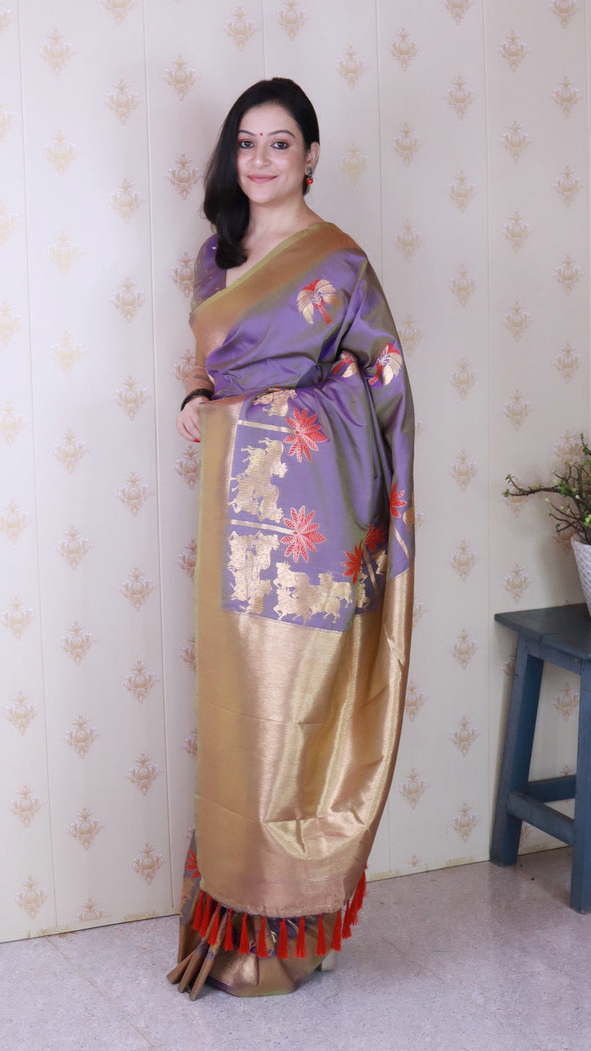 Lavender grey soft silk saree with kamdhenu weaves zari woven saree