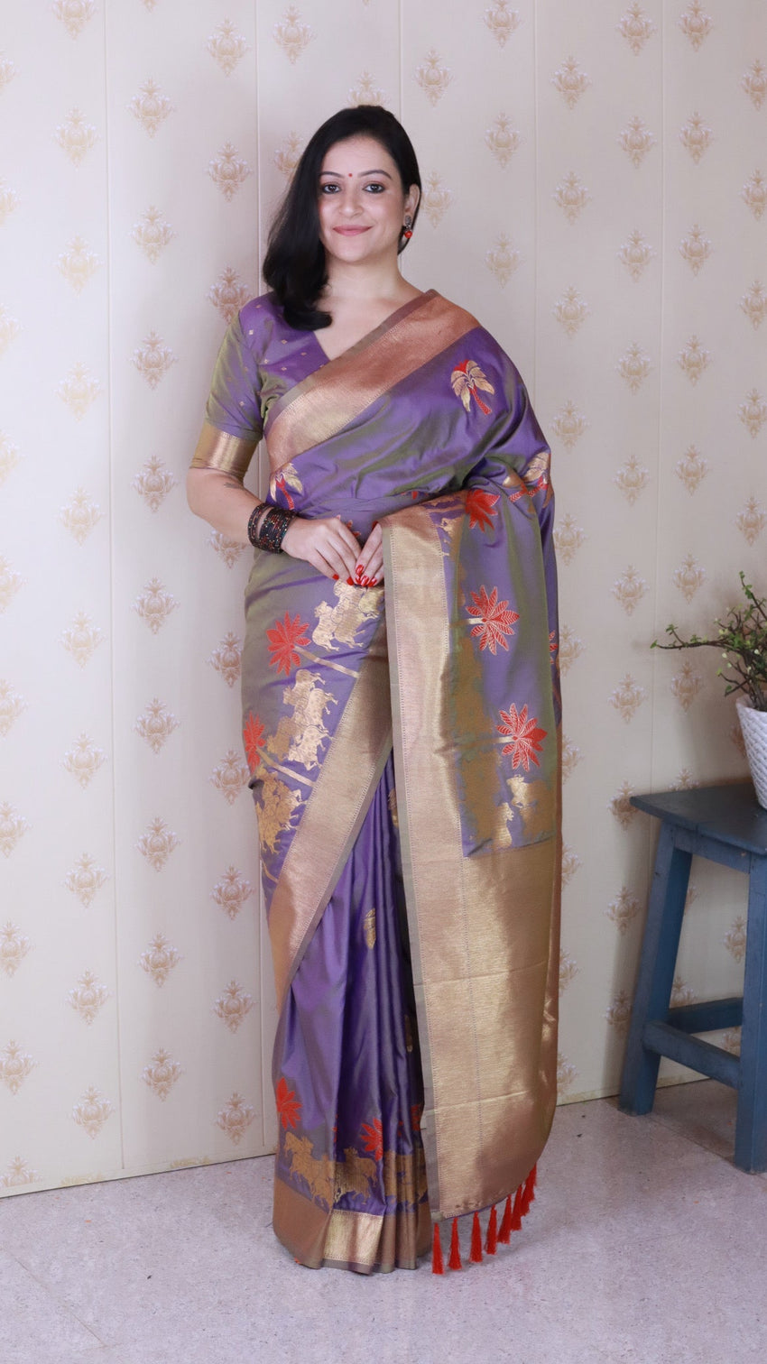 Lavender grey soft silk saree with kamdhenu weaves zari woven saree