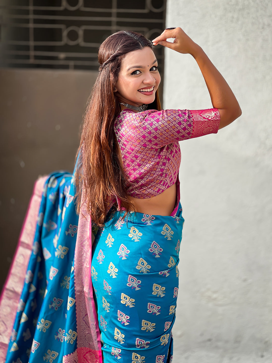 Blue soft silk zari woven ikkat patola saree with contrast weaves