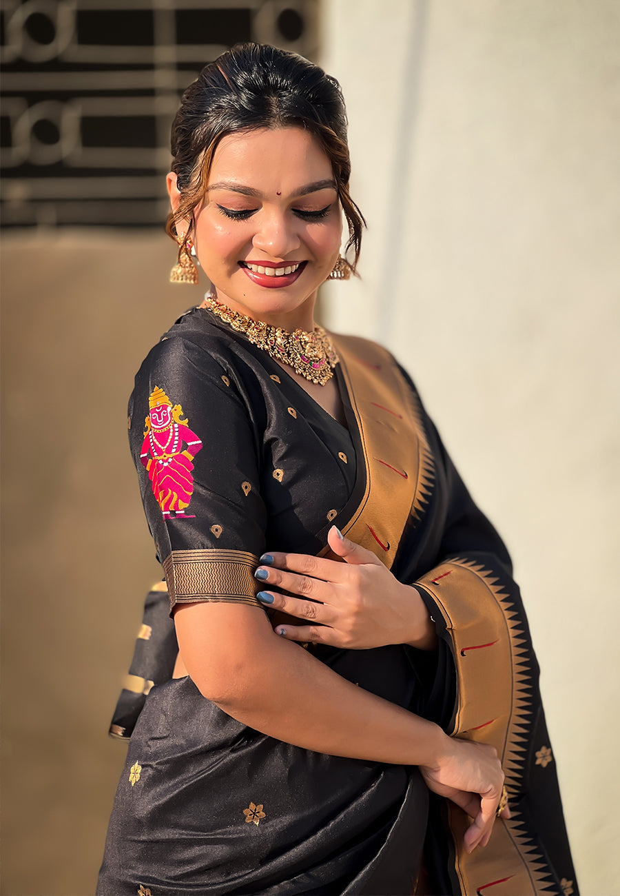 Black zari woven vitthala god special traditional paithani silk saree