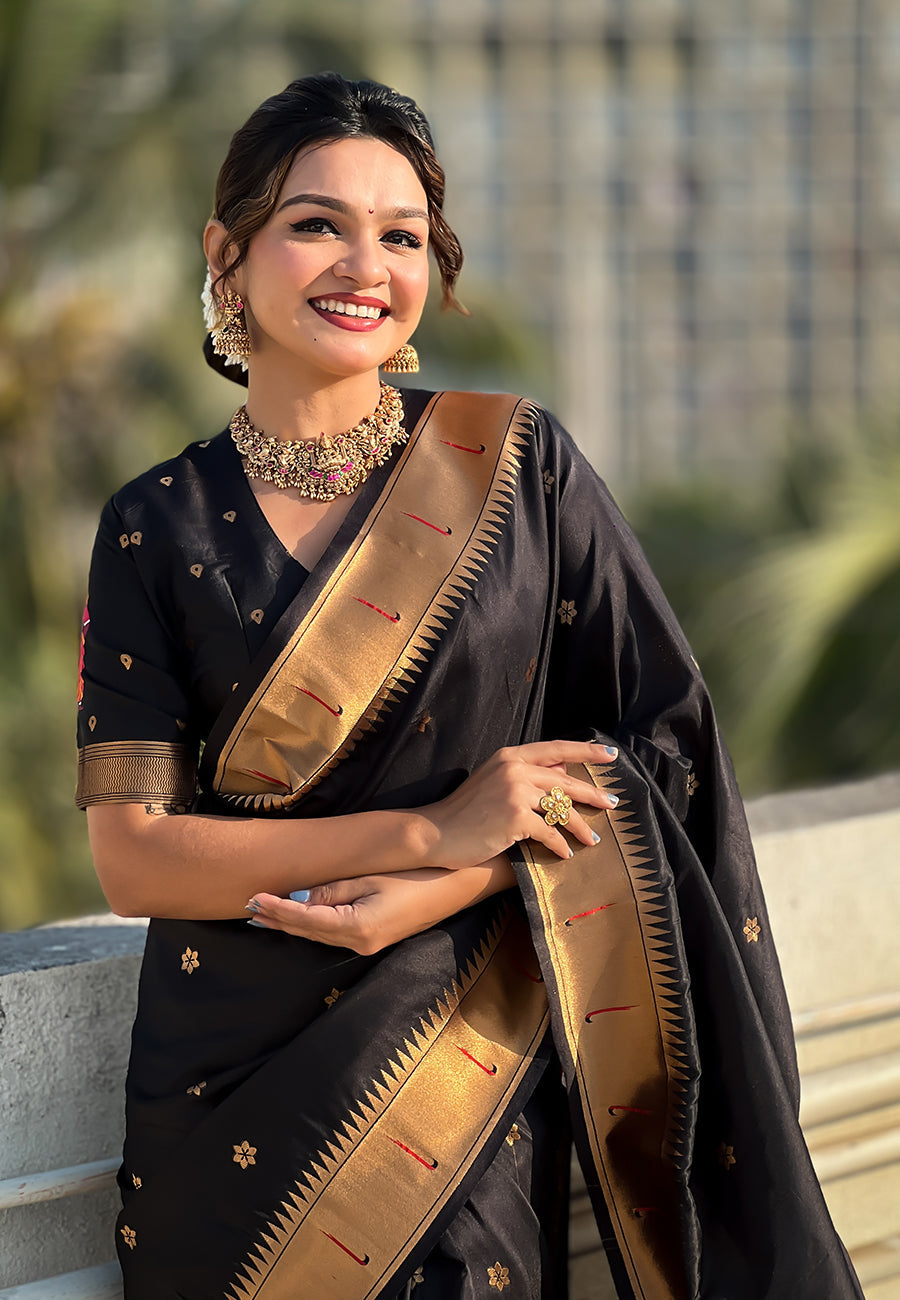 Black zari woven vitthala god special traditional paithani silk saree