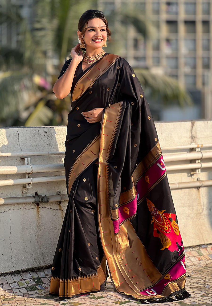 Black zari woven vitthala god special traditional paithani silk saree