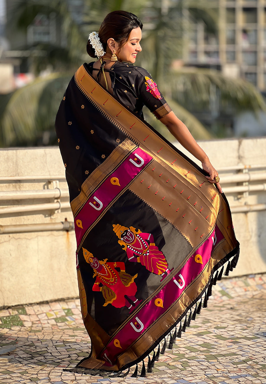 Black zari woven vitthala god special traditional paithani silk saree