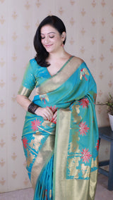 Aqua Blue Soft Silk Saree with Kamdhenu Weaves Zari Woven Saree