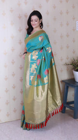 Aqua Blue Soft Silk Saree with Kamdhenu Weaves Zari Woven Saree