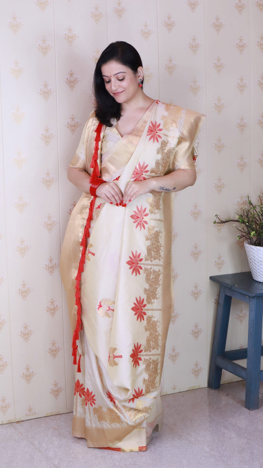 Cream red soft silk saree with kamdhenu weaves zari woven saree