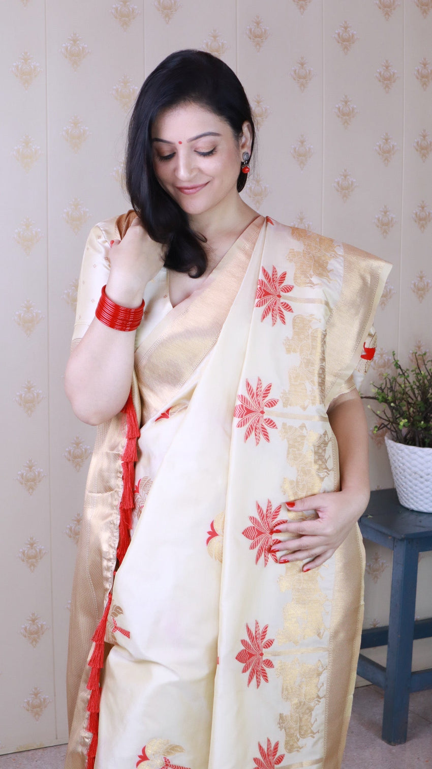 Cream red soft silk saree with kamdhenu weaves zari woven saree