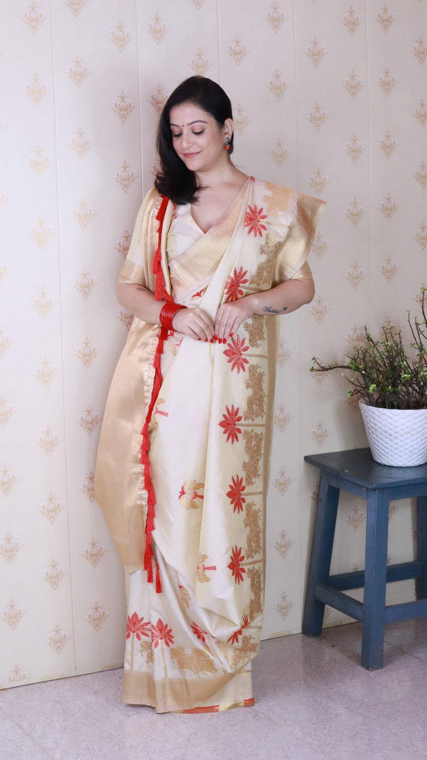 Cream red soft silk saree with kamdhenu weaves zari woven saree