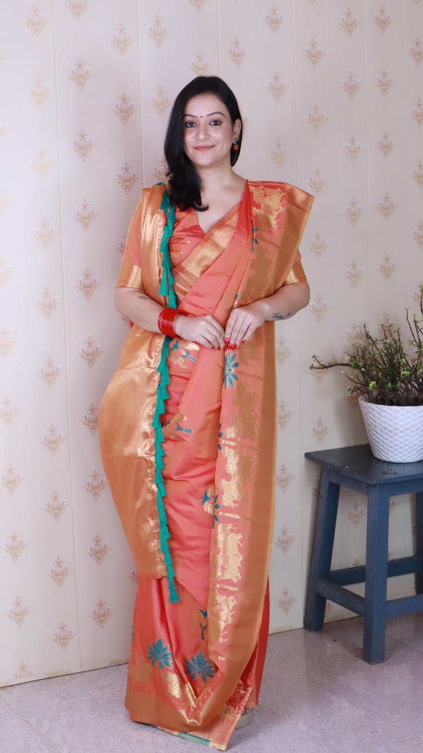 Peach soft silk saree with kamdhenu weaves zari woven saree