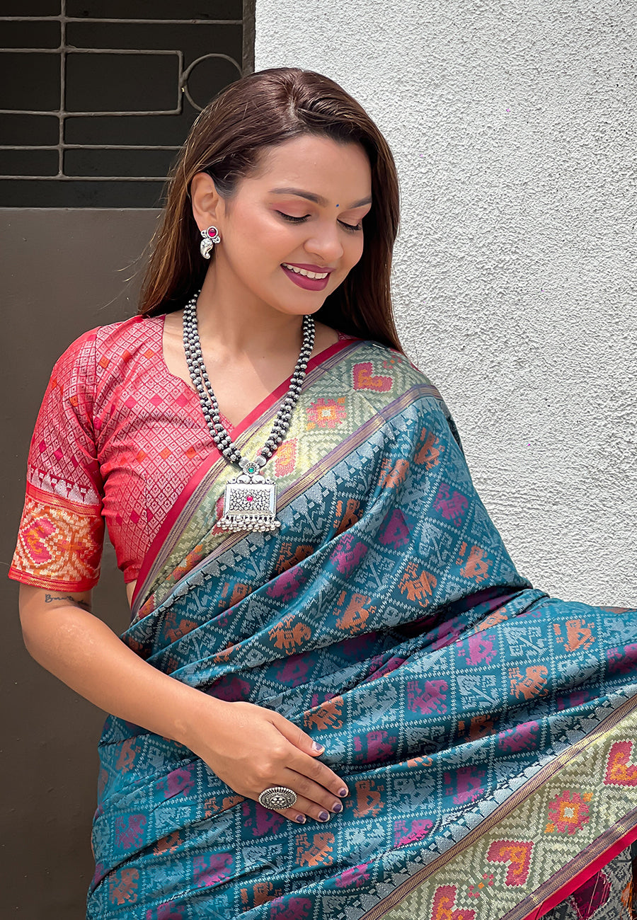 Denim blue soft patola silk meenakari zari woven saree