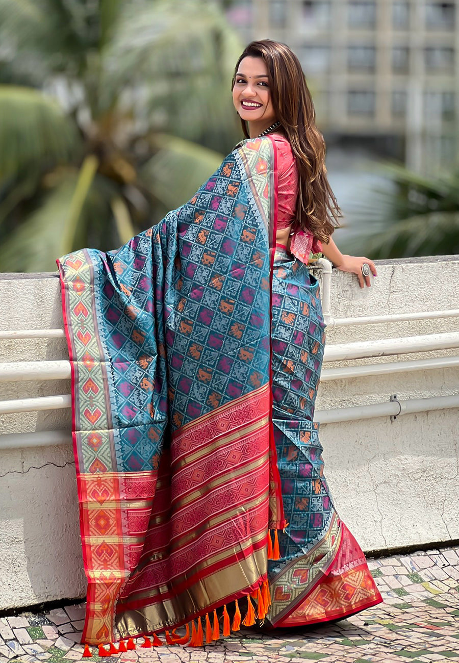 Denim blue soft patola silk meenakari zari woven saree