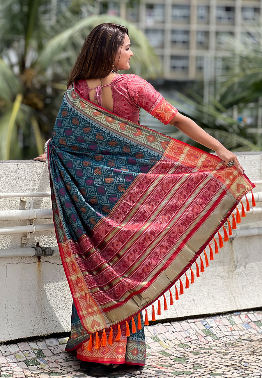 Denim blue soft patola silk meenakari zari woven saree