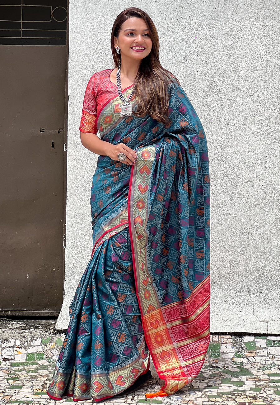 Denim blue soft patola silk meenakari zari woven saree