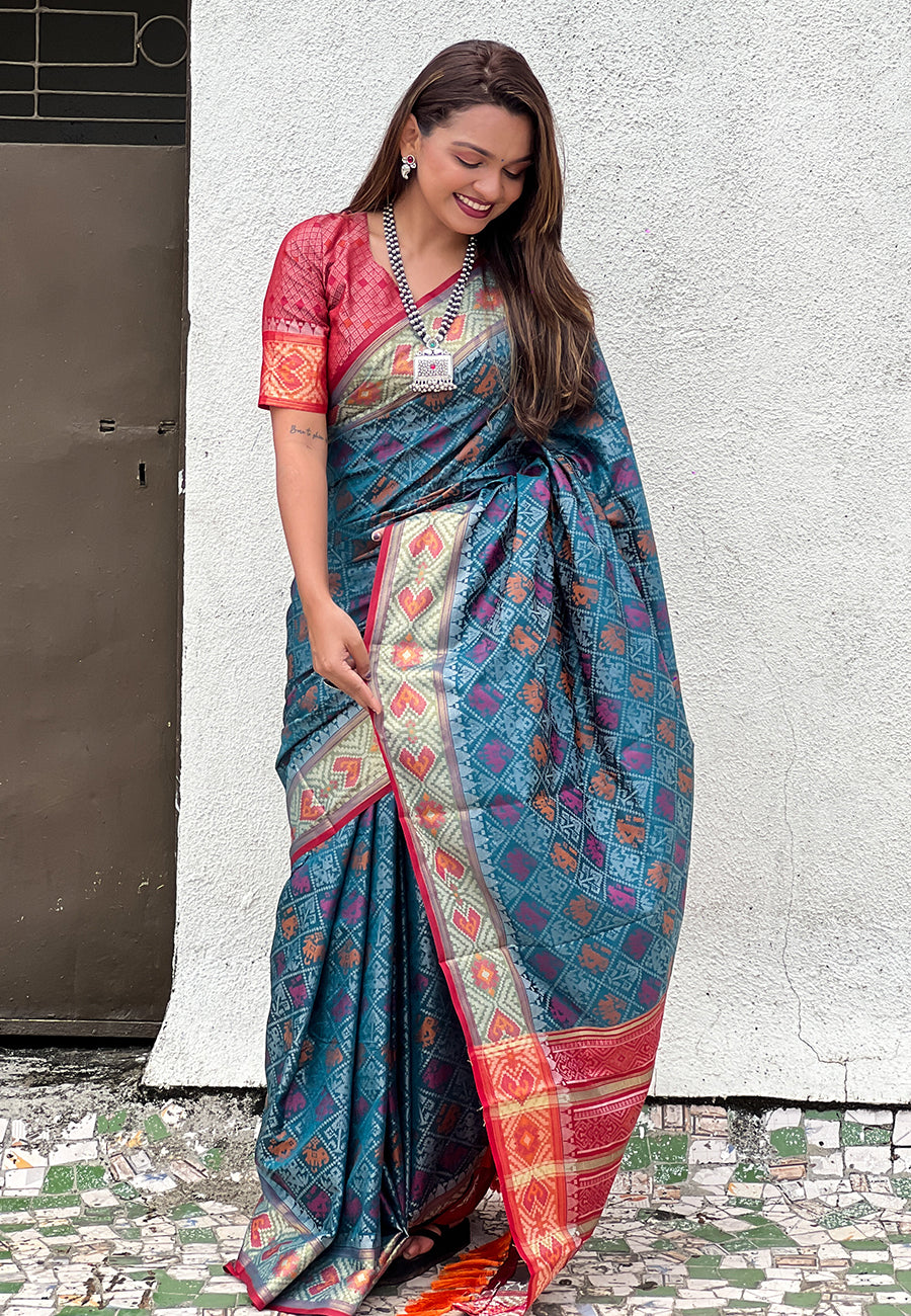 Denim blue soft patola silk meenakari zari woven saree