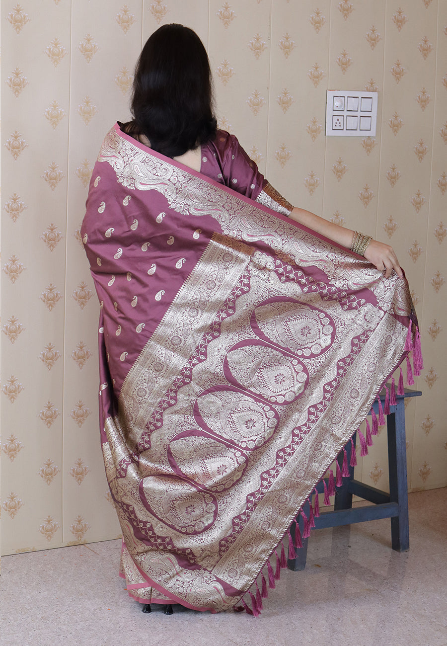 Dusty pink banarasi soft silk silver zari woven saree