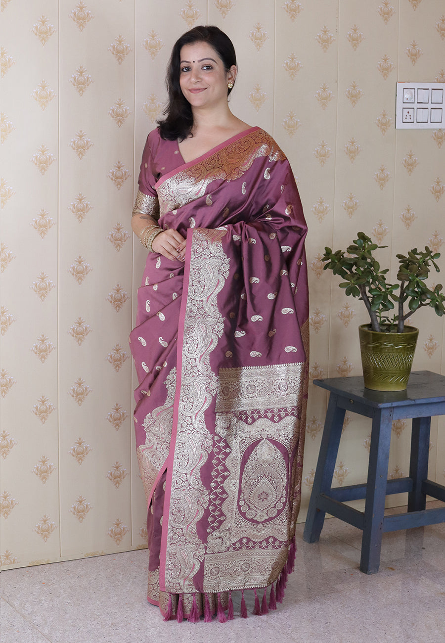 Dusty pink banarasi soft silk silver zari woven saree