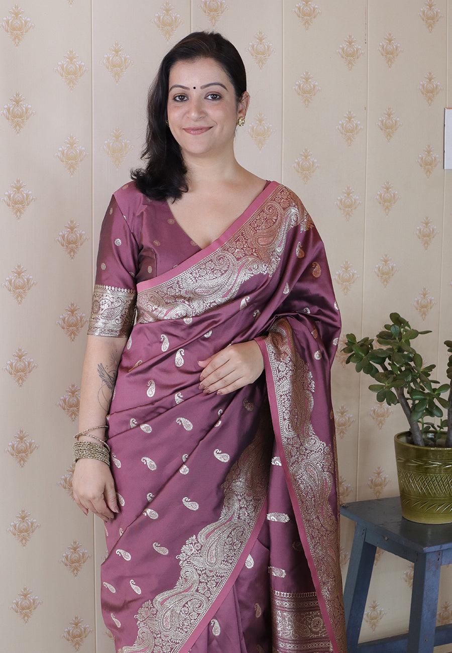 Dusty pink banarasi soft silk silver zari woven saree