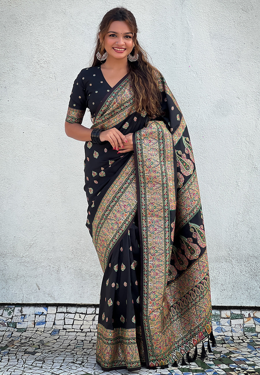 Jade black pashmina kashmiri silk zari woven saree