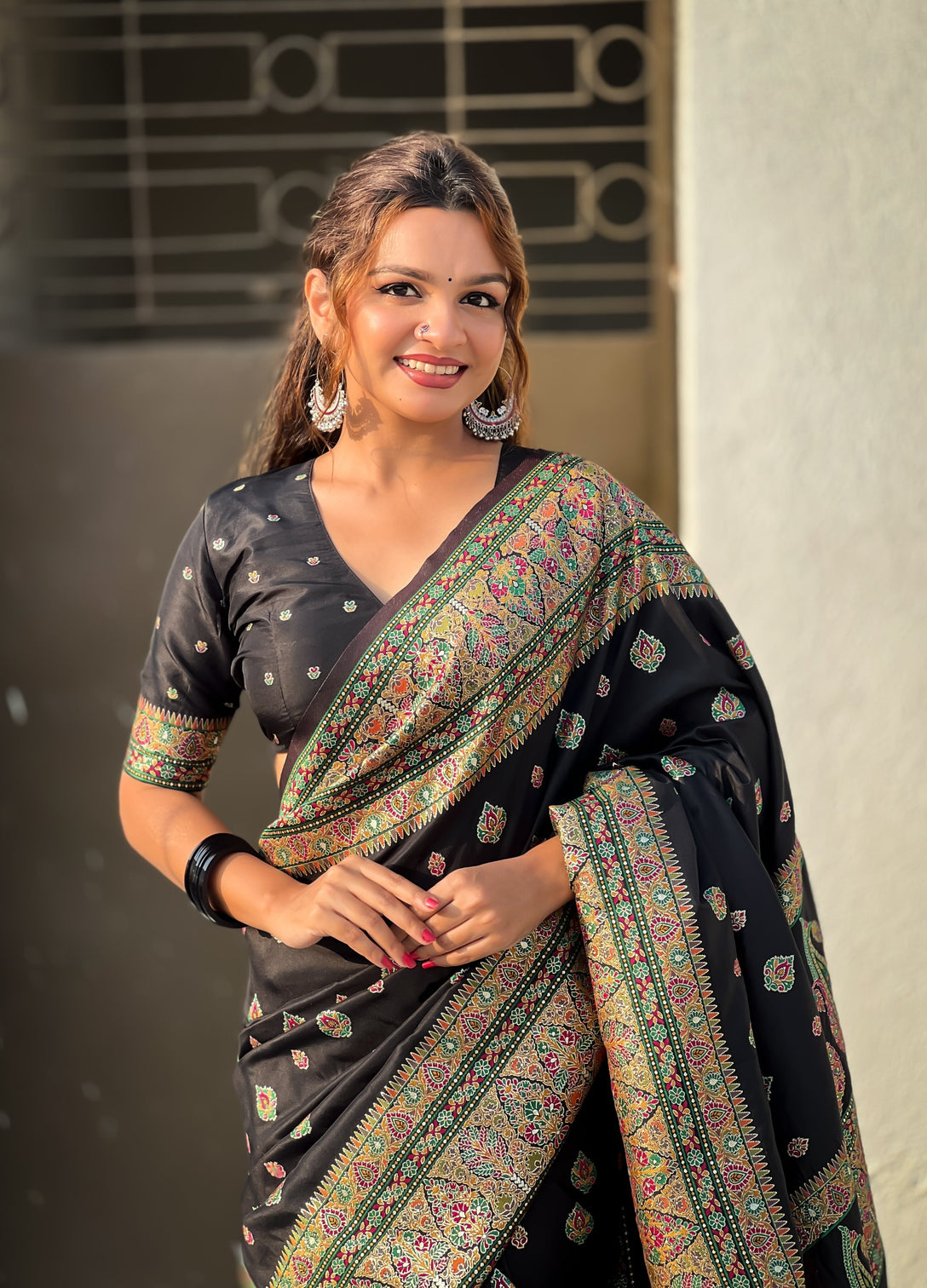 Jade black pashmina kashmiri silk zari woven saree