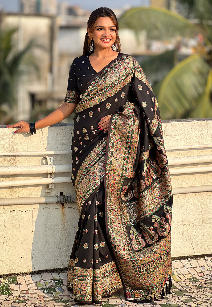 Jade black pashmina kashmiri silk zari woven saree