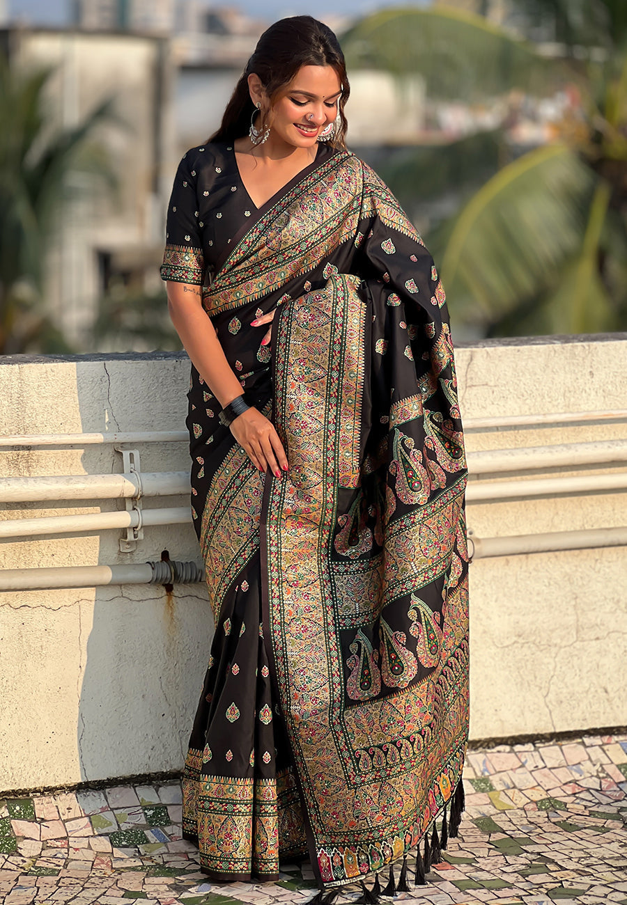 Jade black pashmina kashmiri silk zari woven saree
