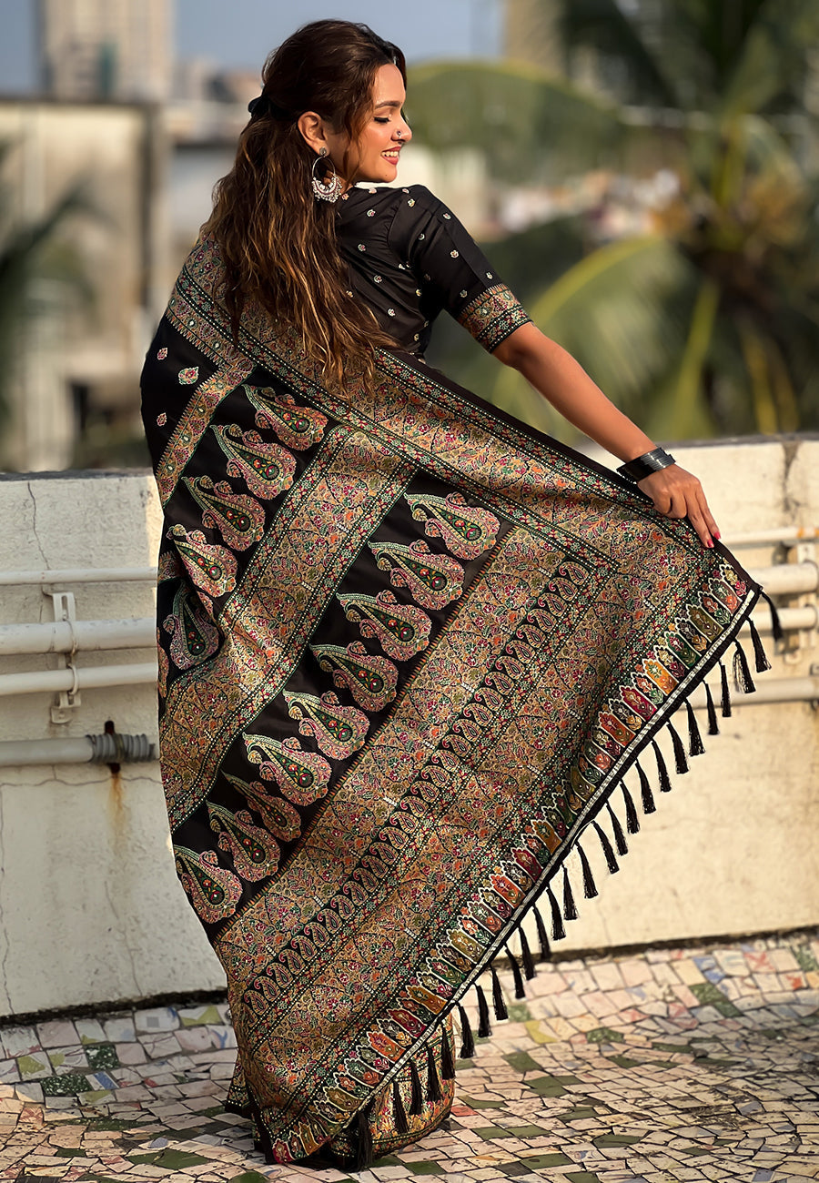 Jade black pashmina kashmiri silk zari woven saree