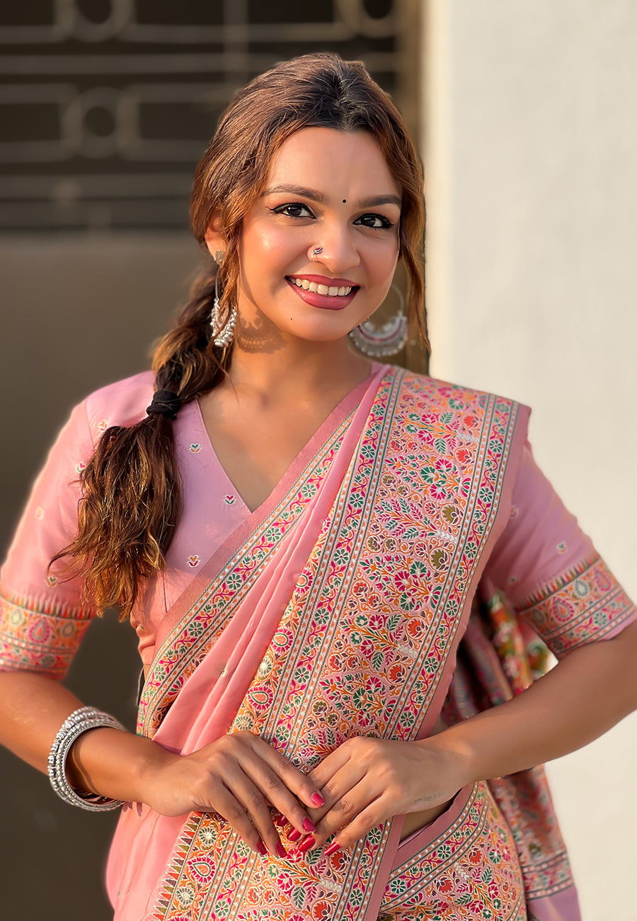 Pink pashmina kashmiri silk zari woven saree