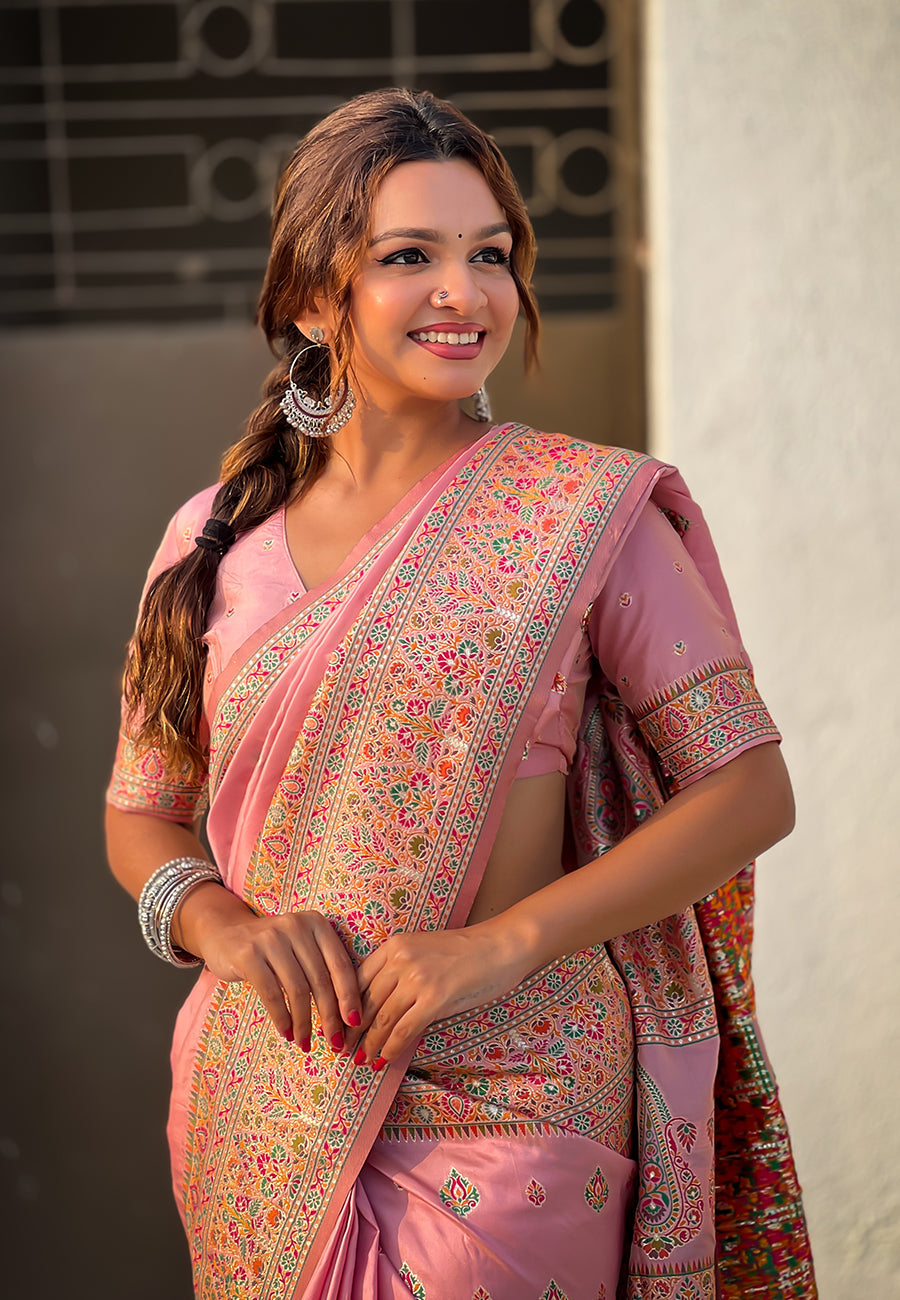 Pink pashmina kashmiri silk zari woven saree