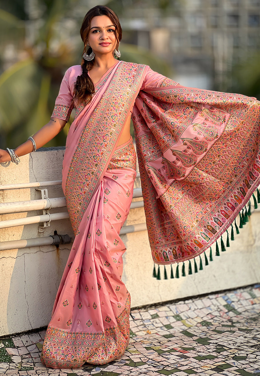 Pink pashmina kashmiri silk zari woven saree