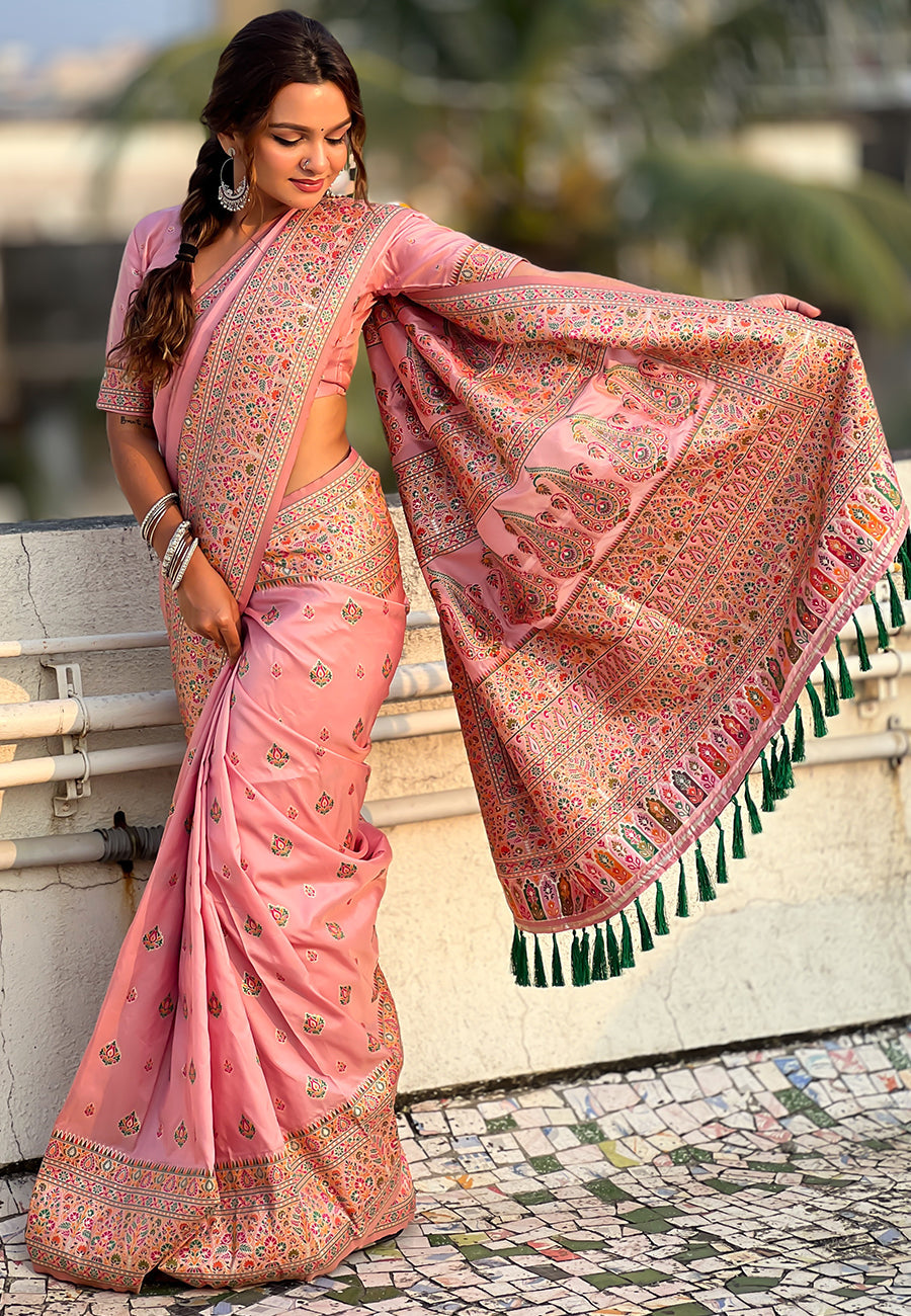 Pink pashmina kashmiri silk zari woven saree