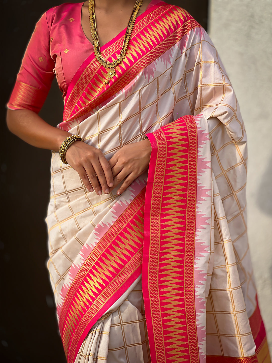 Cream soft silk checks traditional zari contrast woven saree